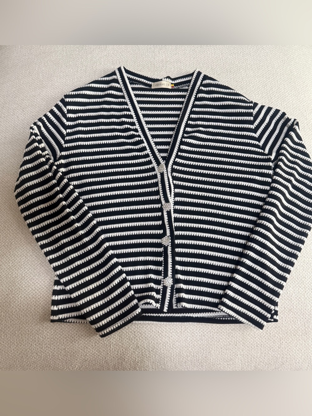 Eléntari Black & White Striped Embellished Cardigan